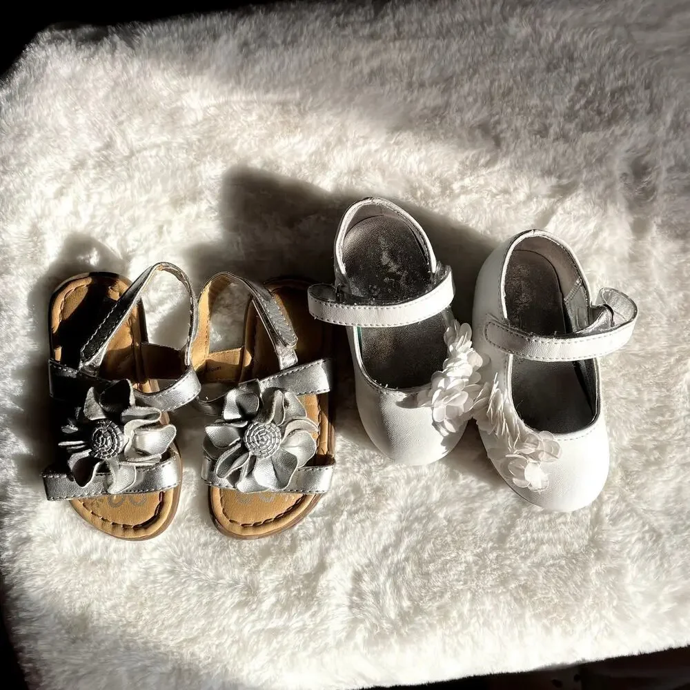 SKU 1469 2 Pair Infant Size 4 Shoes Oshkosh Silver Sandals & White Mary Janes